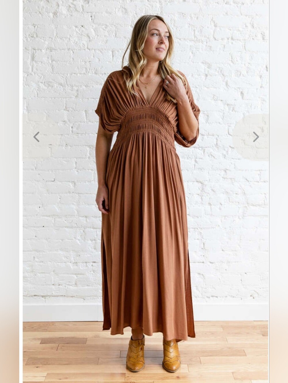 Miou Muse Dress, Size S, Brown Toffee, Gauze, Smocked Waist - Picture 5 of 17